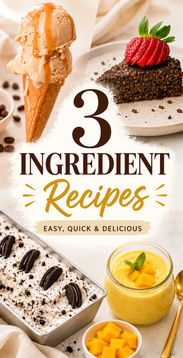 Easy 3 ingredient recipes including ice cream, chocolate dessert, cookies and cream dessert, and mango pudding