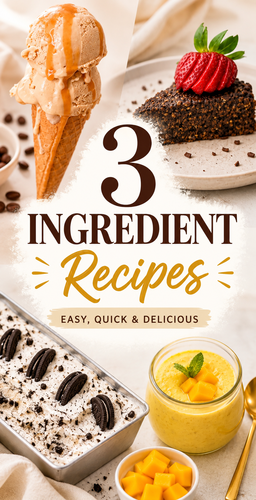 Easy 3 ingredient recipes including ice cream, chocolate dessert, cookies and cream dessert, and mango pudding