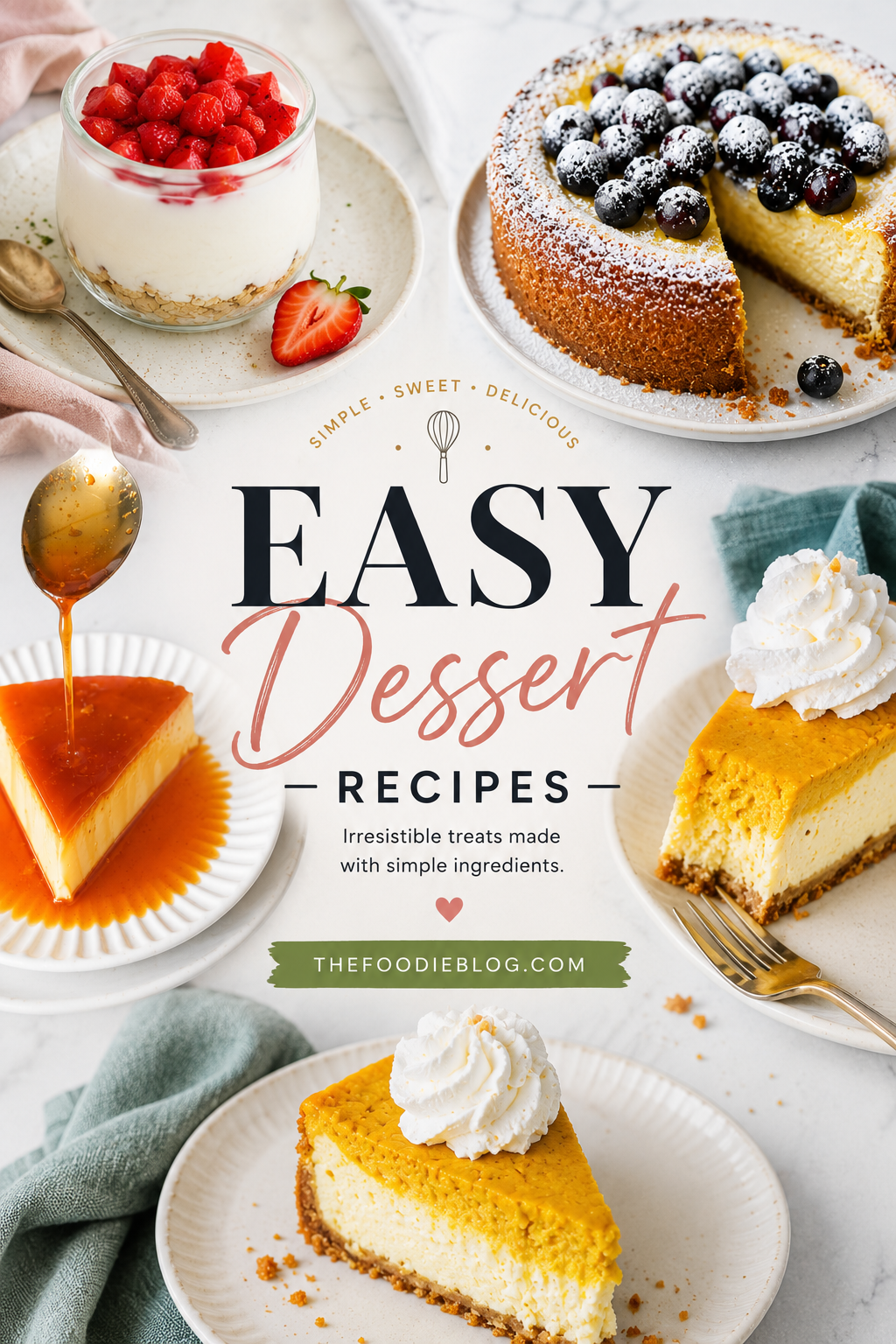 Easy dessert recipes featuring strawberry parfait, berry cheesecake, caramel flan, and pumpkin cheesecake.