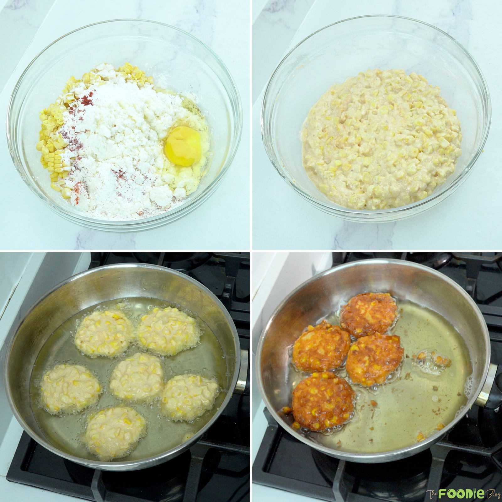 Step-by-step photos mixing sweet corn fritter batter and frying fritters until golden