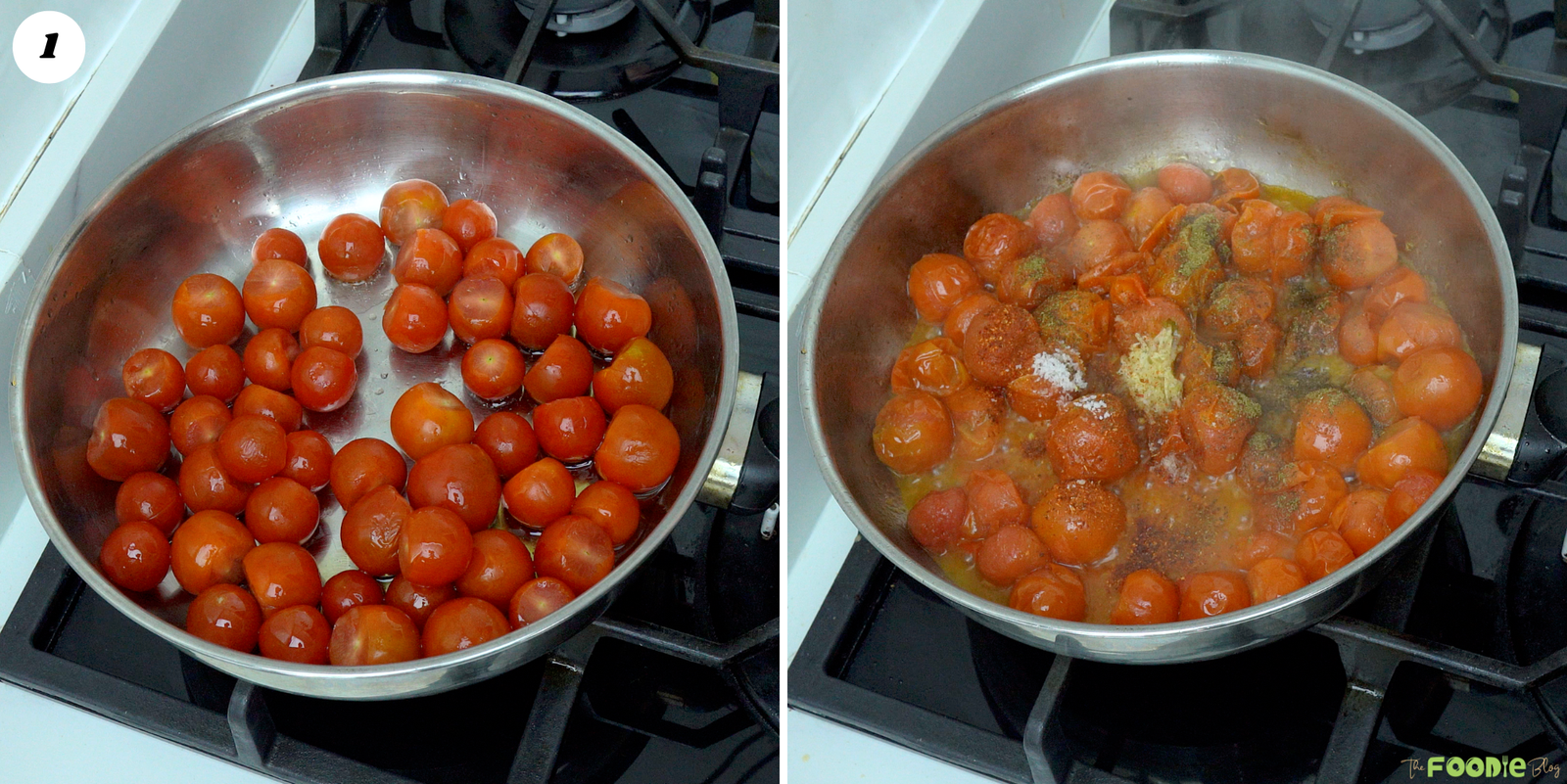 Cherry tomatoes cooking with garlic and seasonings for tomato orzo