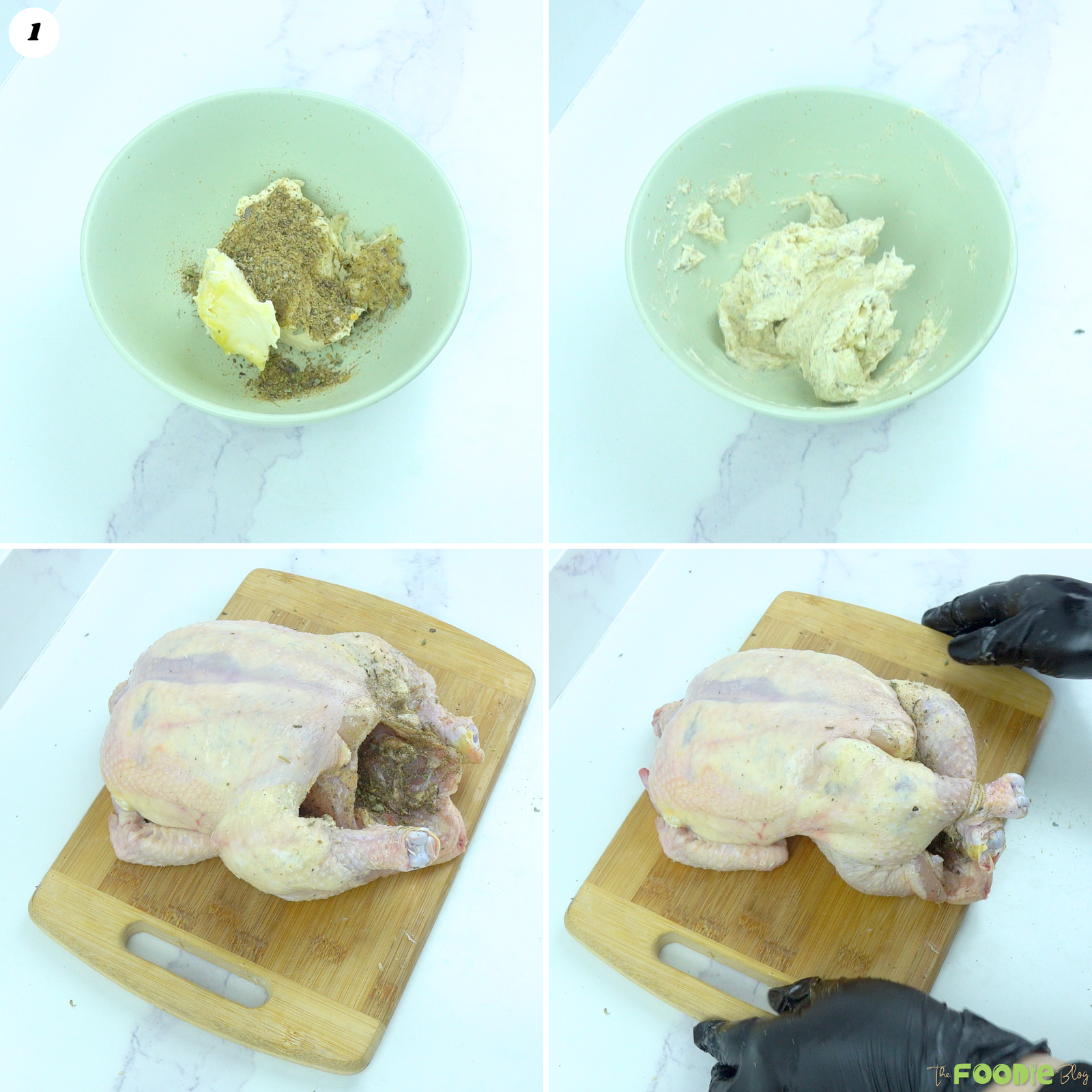 Preparing poulet rôti by mixing garlic herb butter and seasoning the whole chicken