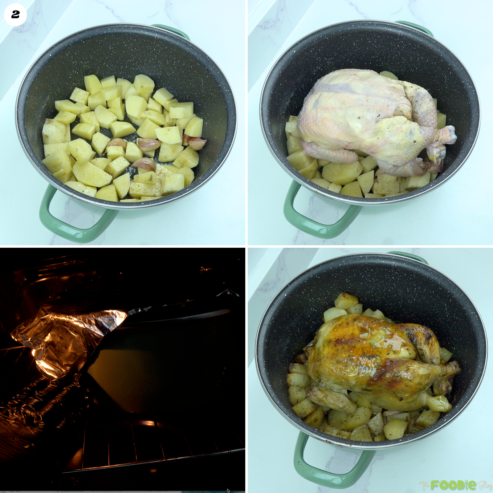Roasting poulet rôti over seasoned potatoes until golden and cooked through