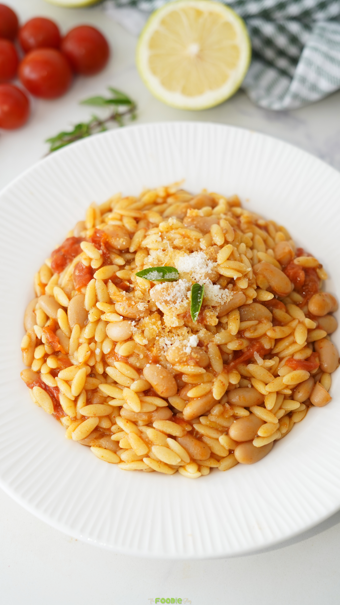 One-pot tomato orzo recipe with butter beans, tomatoes and Parmesan