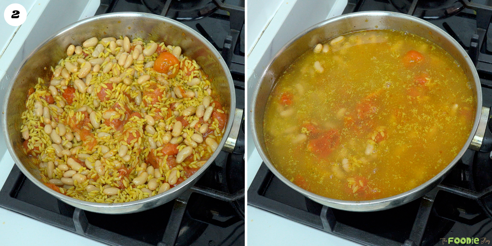 Orzo and butter beans cooking with cherry tomatoes and vegetable broth