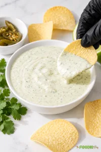 Creamy jalapeño ranch dip served with tortilla chips, lime, cilantro, and pickled jalapeños
