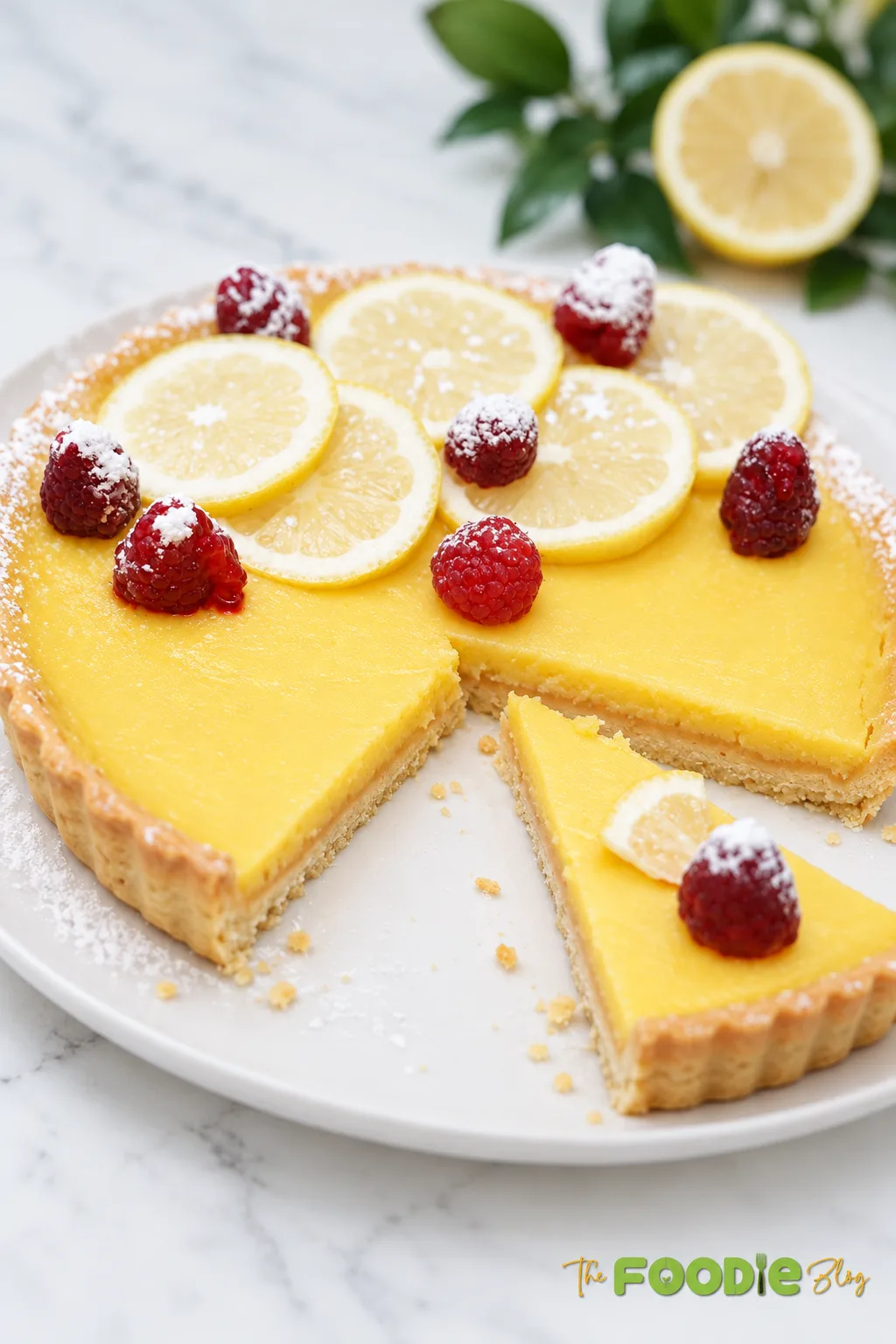 Homemade lemon curd tart topped with lemon slices, raspberries, and powdered sugar