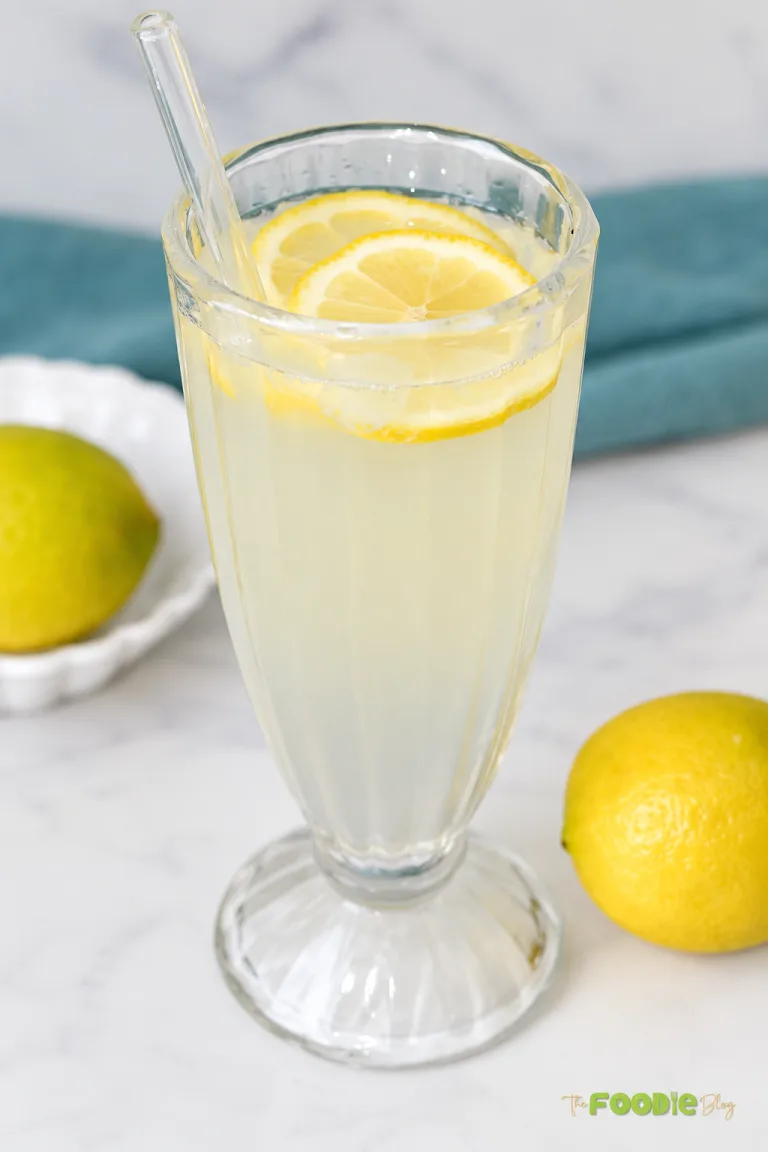 Homemade lemonade served in a tall glass with fresh lemon slices