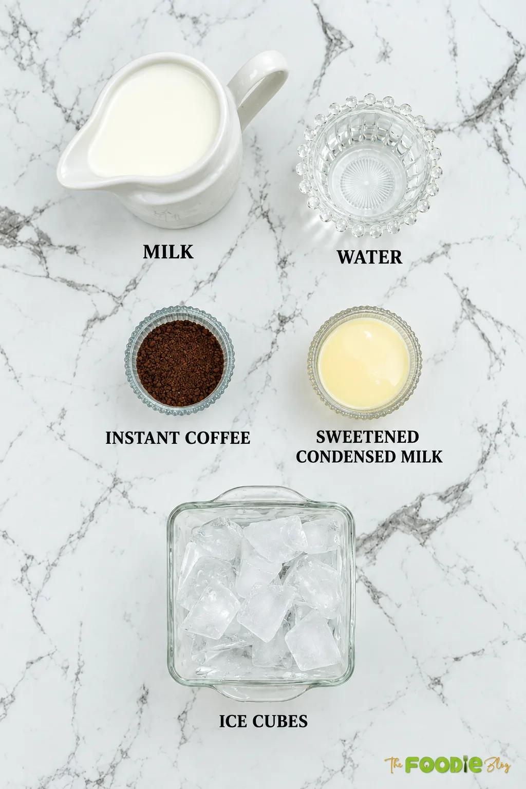 Chill coffee ingredients including milk, water, instant coffee, sweetened condensed milk, and ice cubes