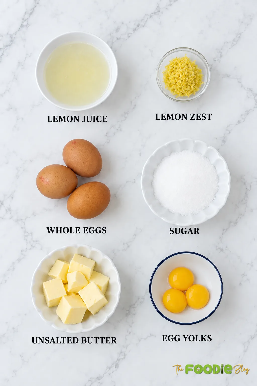 Lemon curd ingredients including lemon juice, lemon zest, eggs, sugar, butter, and egg yolks