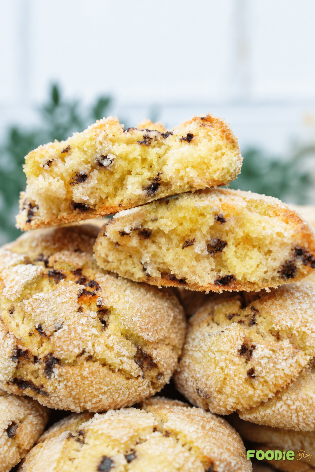 Semolina cookie broken open to show the soft crumb and chocolate sprinkles inside