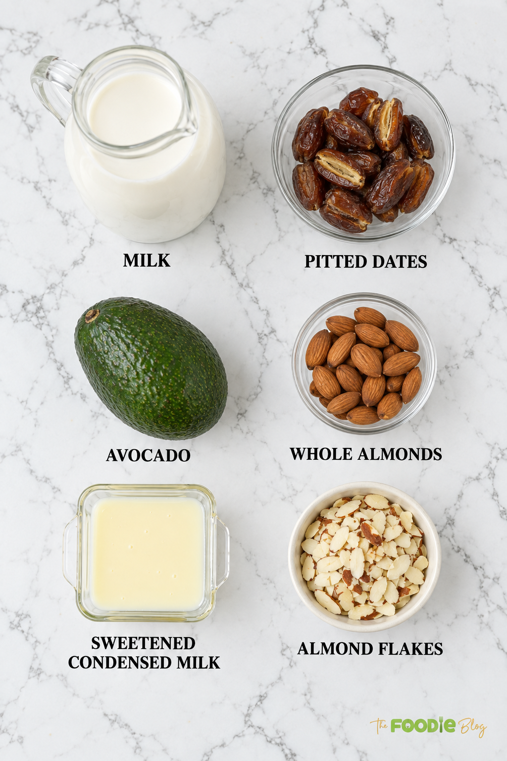 Ingredients for avocado date almond drink including milk, dates, avocado, almonds, condensed milk, and almond flakes.
