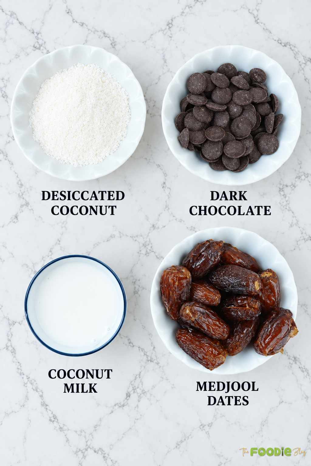 Ingredients for Bounty dates including Medjool dates, dark chocolate, coconut milk, and desiccated coconut