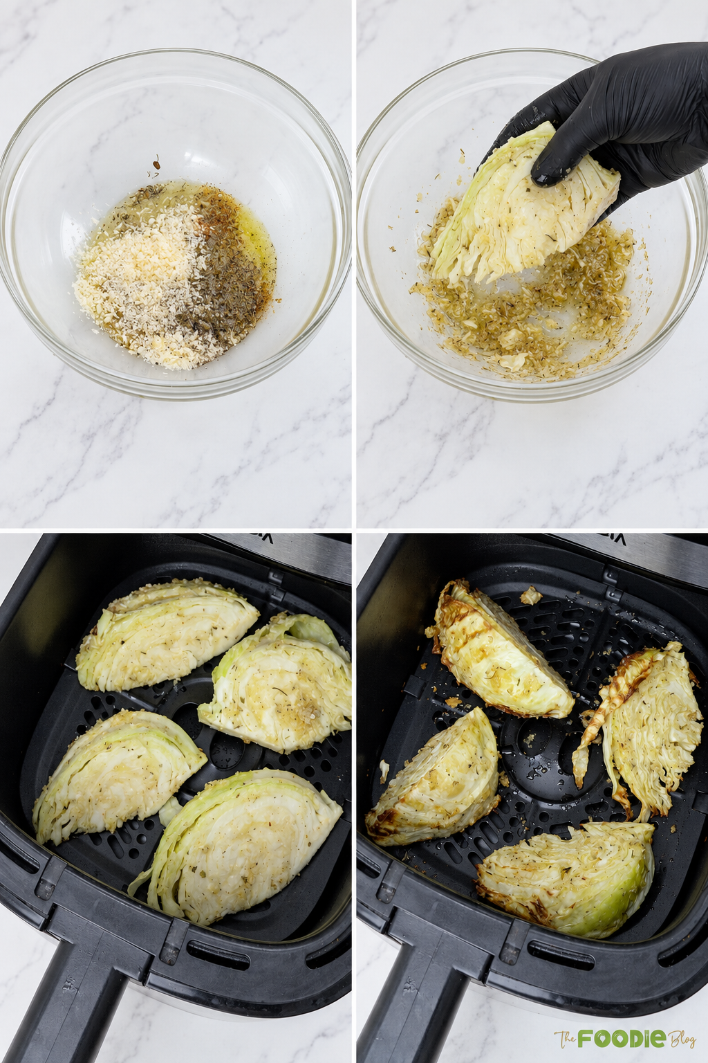 Step-by-step process for seasoning cabbage wedges and cooking them in the air fryer