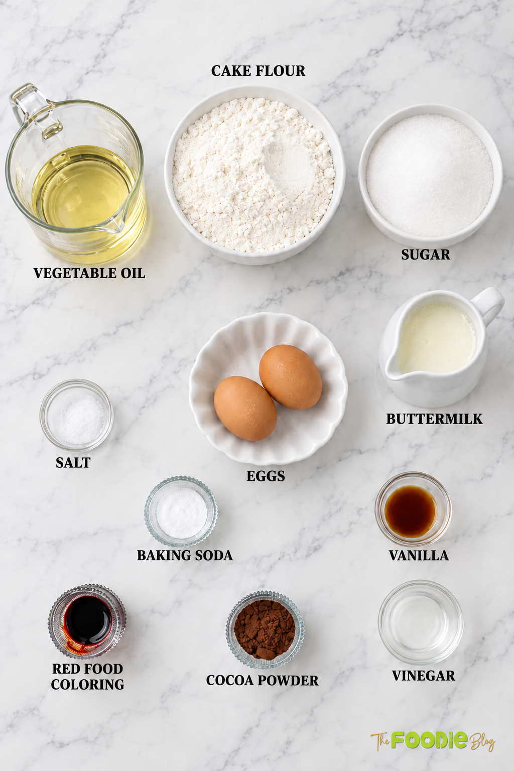 Ingredients for red velvet cake including cake flour, sugar, oil, eggs, buttermilk, cocoa powder, vanilla, vinegar, and red food coloring