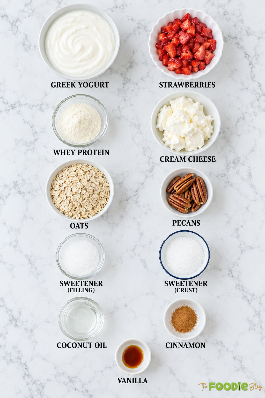Ingredients for strawberry protein cheesecake cups including Greek yogurt, strawberries, whey protein, cream cheese, oats, and pecans