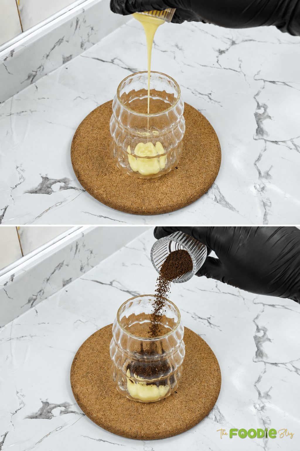 Sweetened condensed milk and instant coffee added to a glass