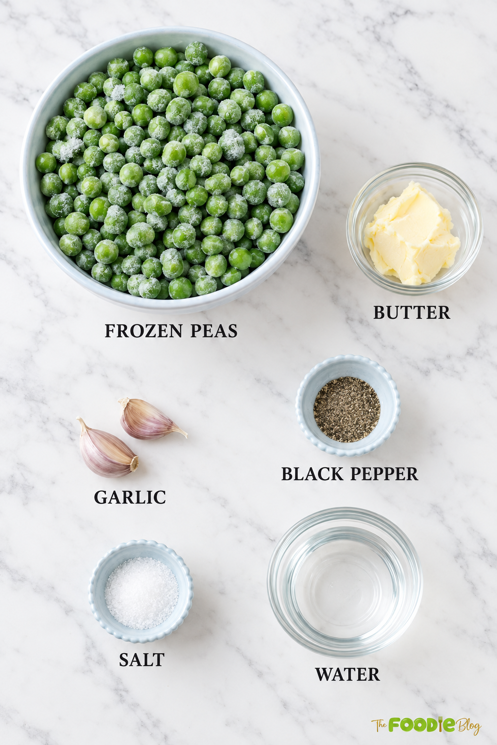 Ingredients for garlic butter peas including frozen peas, butter, garlic, black pepper, salt, and water