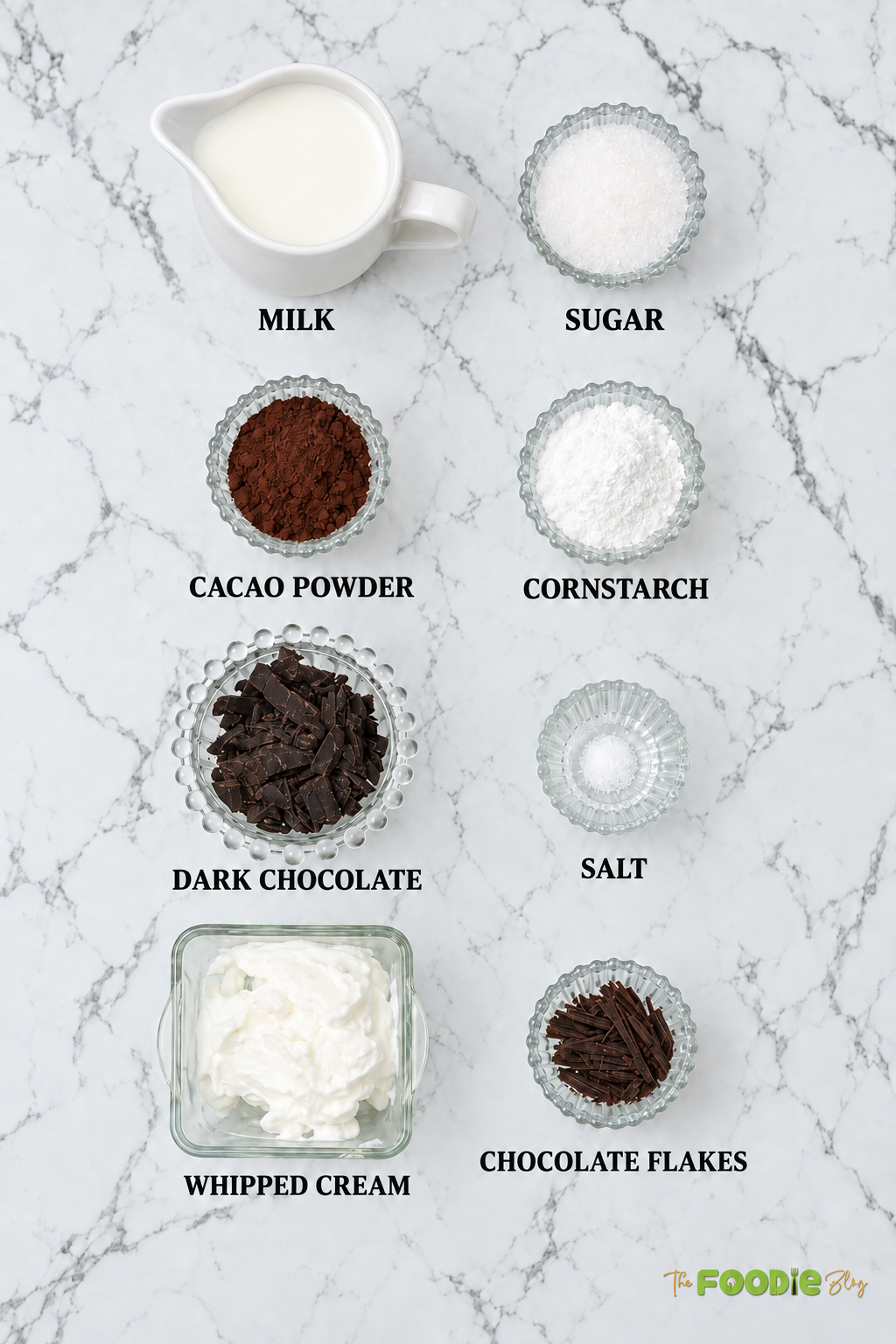 Ingredients for homemade hot chocolate including milk, cocoa powder, dark chocolate, sugar, cornstarch and whipped cream