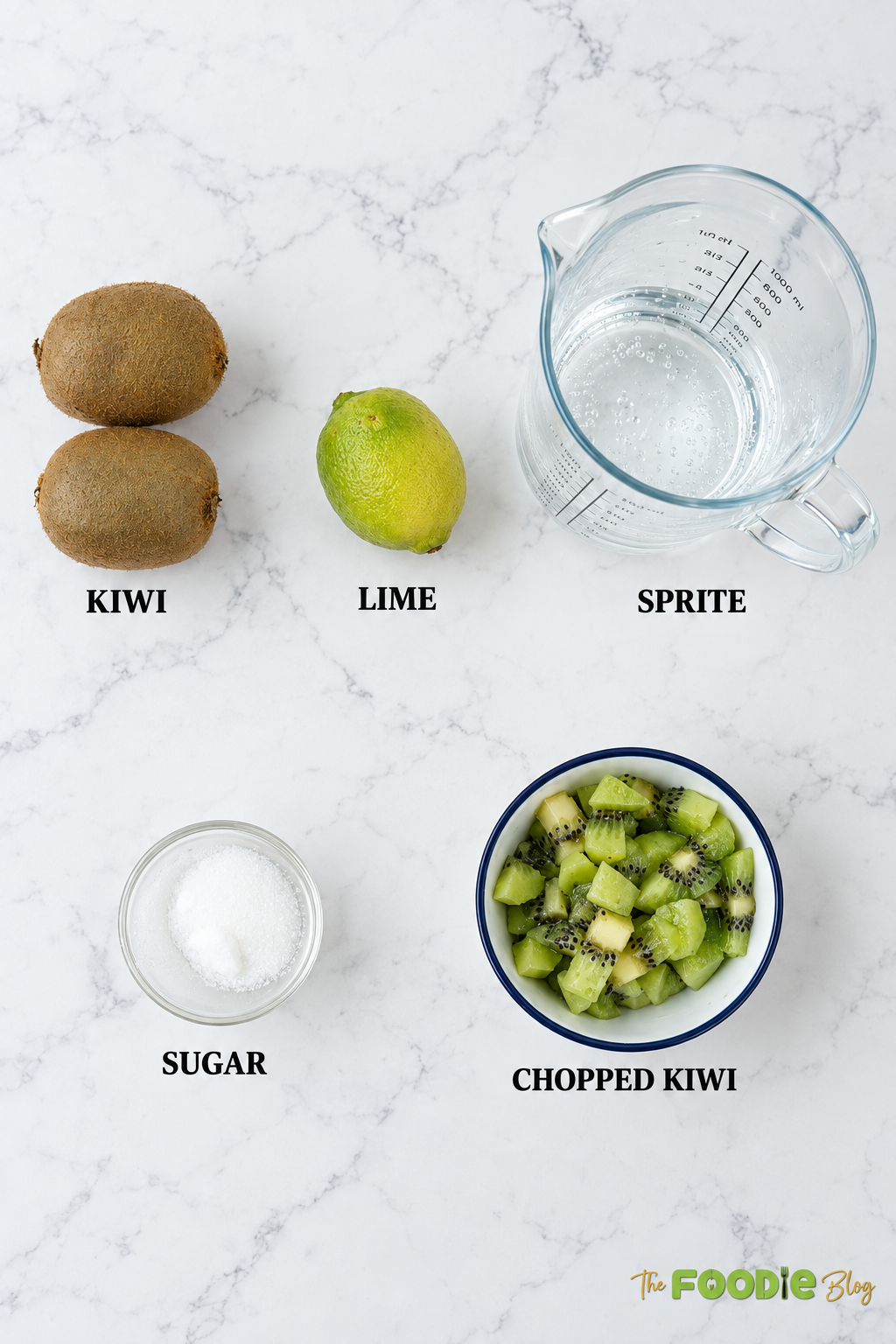 Kiwi lime drink ingredients including kiwi, lime, Sprite, sugar, and chopped kiwi