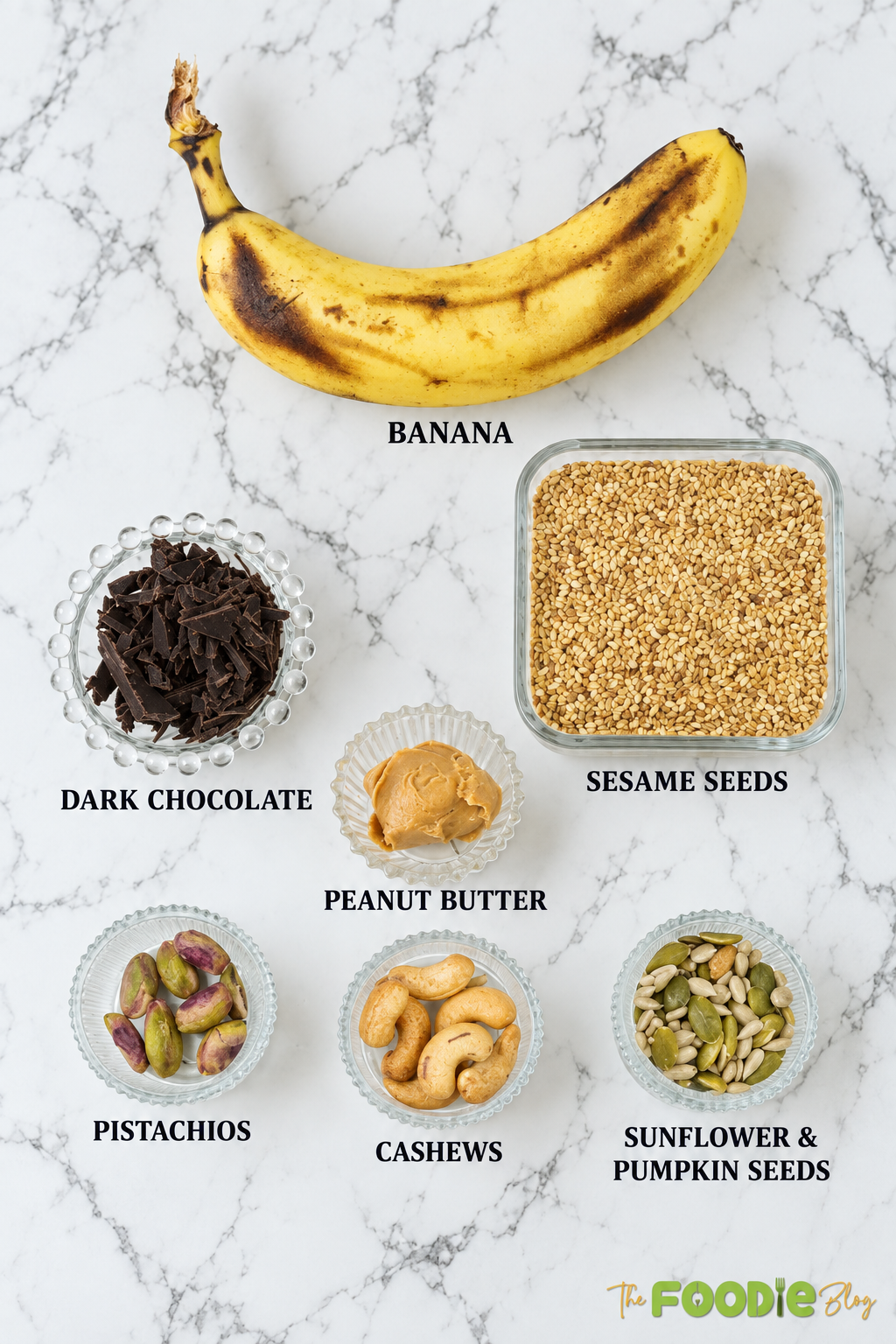 Ingredients for sesame banana cookies including banana, sesame seeds, dark chocolate, peanut butter, pistachios, cashews, and mixed seeds