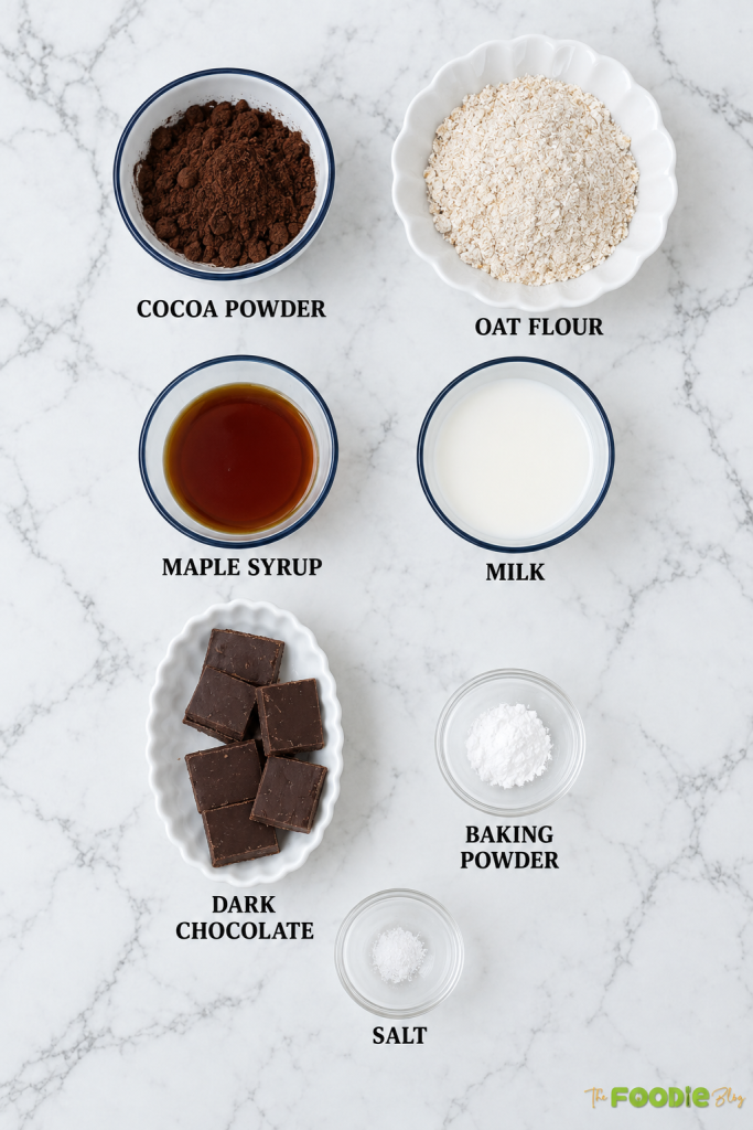 Ingredients for oatmeal chocolate lava cakes including oat flour, cocoa powder, maple syrup, milk, dark chocolate, baking powder, and salt