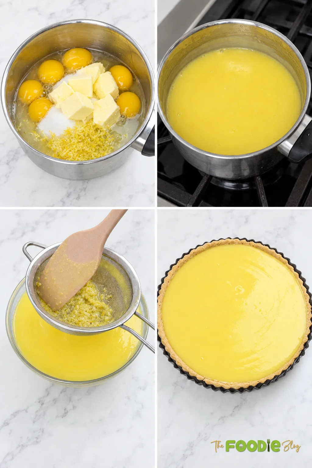 Steps for making homemade lemon curd in a saucepan and straining it before filling a tart crust