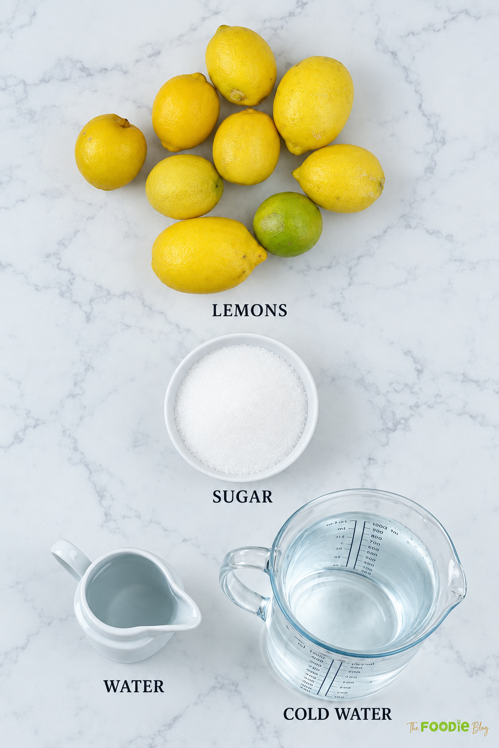 Ingredients for homemade lemonade including fresh lemons, sugar, water, and cold water