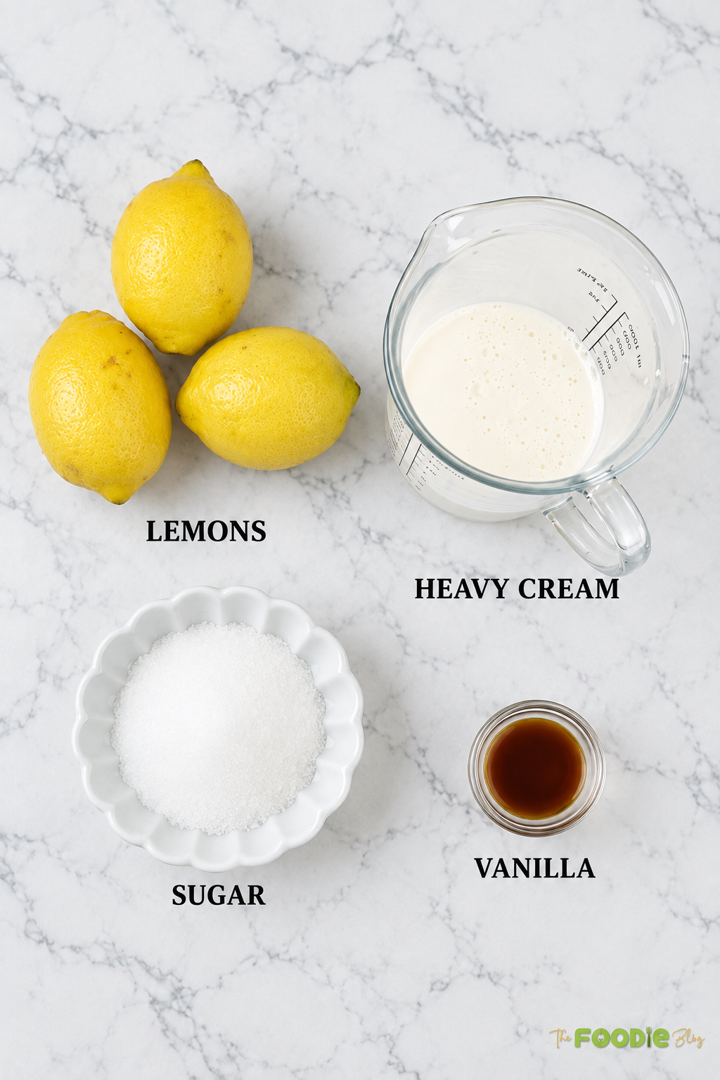 Lemon posset ingredients including fresh lemons, heavy cream, sugar, and vanilla