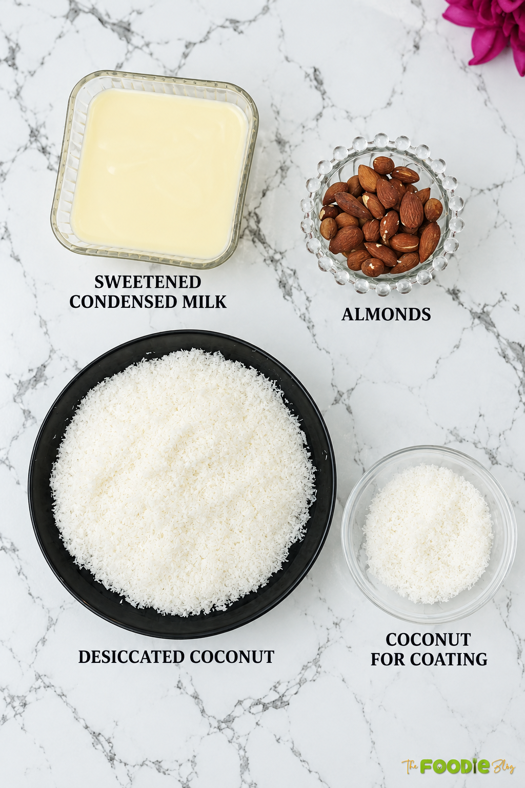 Ingredients for Raffaello coconut balls including condensed milk, almonds, and desiccated coconut