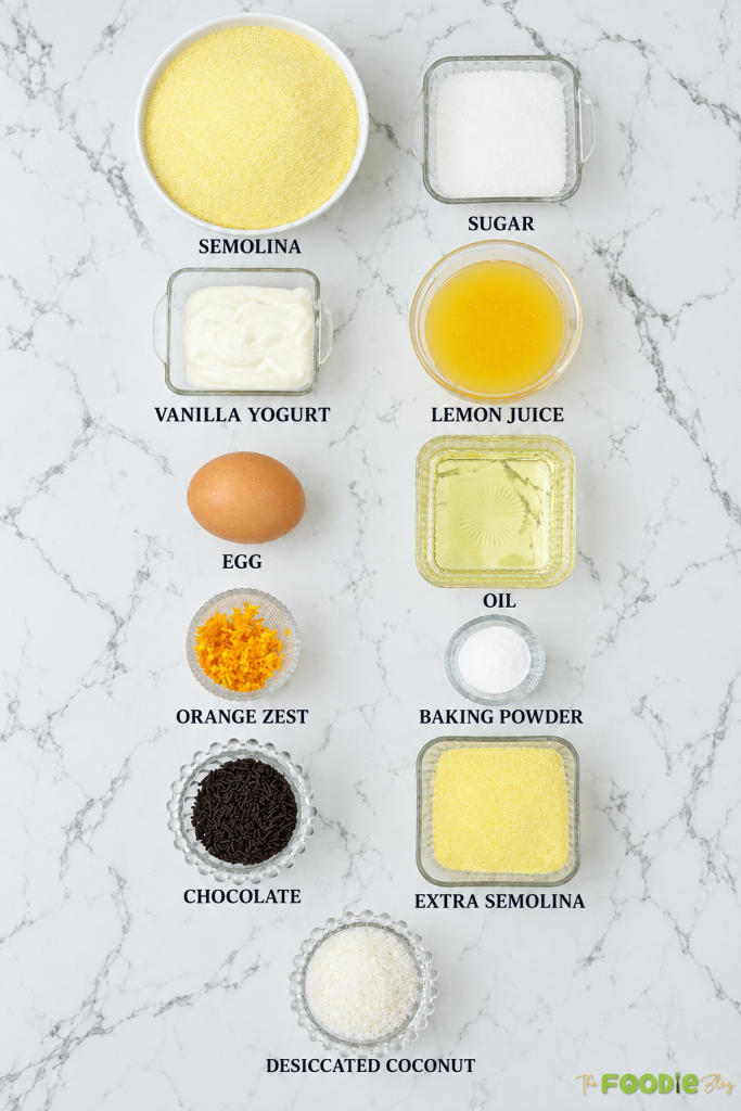 Ingredients for semolina cookies including semolina, sugar, yogurt, lemon juice, egg, oil, orange zest, baking powder, chocolate, and coconut