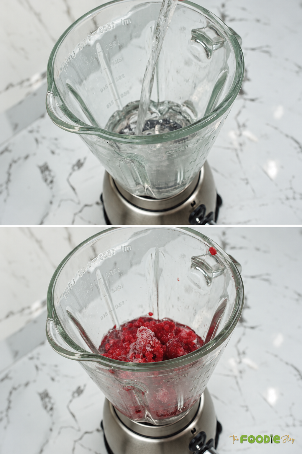 Water and raspberries added to a blender for homemade raspberry juice