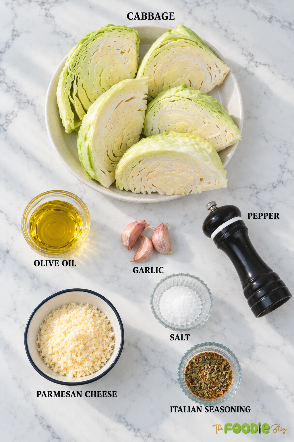 Ingredients for air fryer cabbage including cabbage, olive oil, garlic, Parmesan, salt, pepper, and Italian seasoning