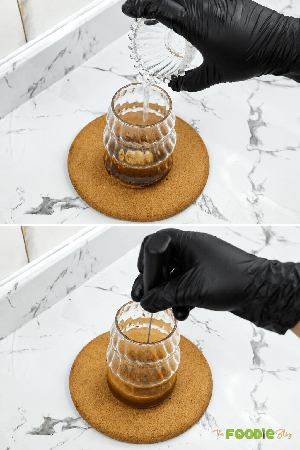Water added to instant coffee mixture and stirred until combined