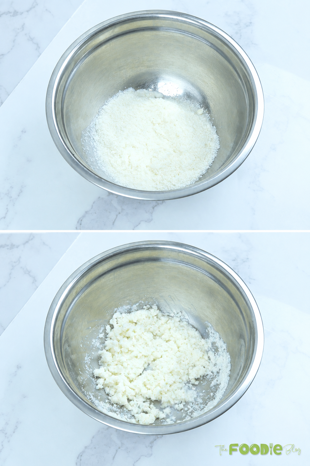 Desiccated coconut mixed with coconut milk to make filling for Bounty dates