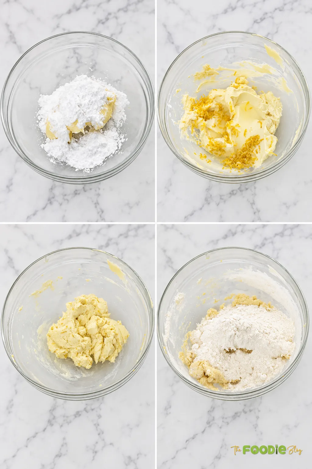 Steps for making lime meltaway cookie dough with butter, powdered sugar, lime zest, and flour