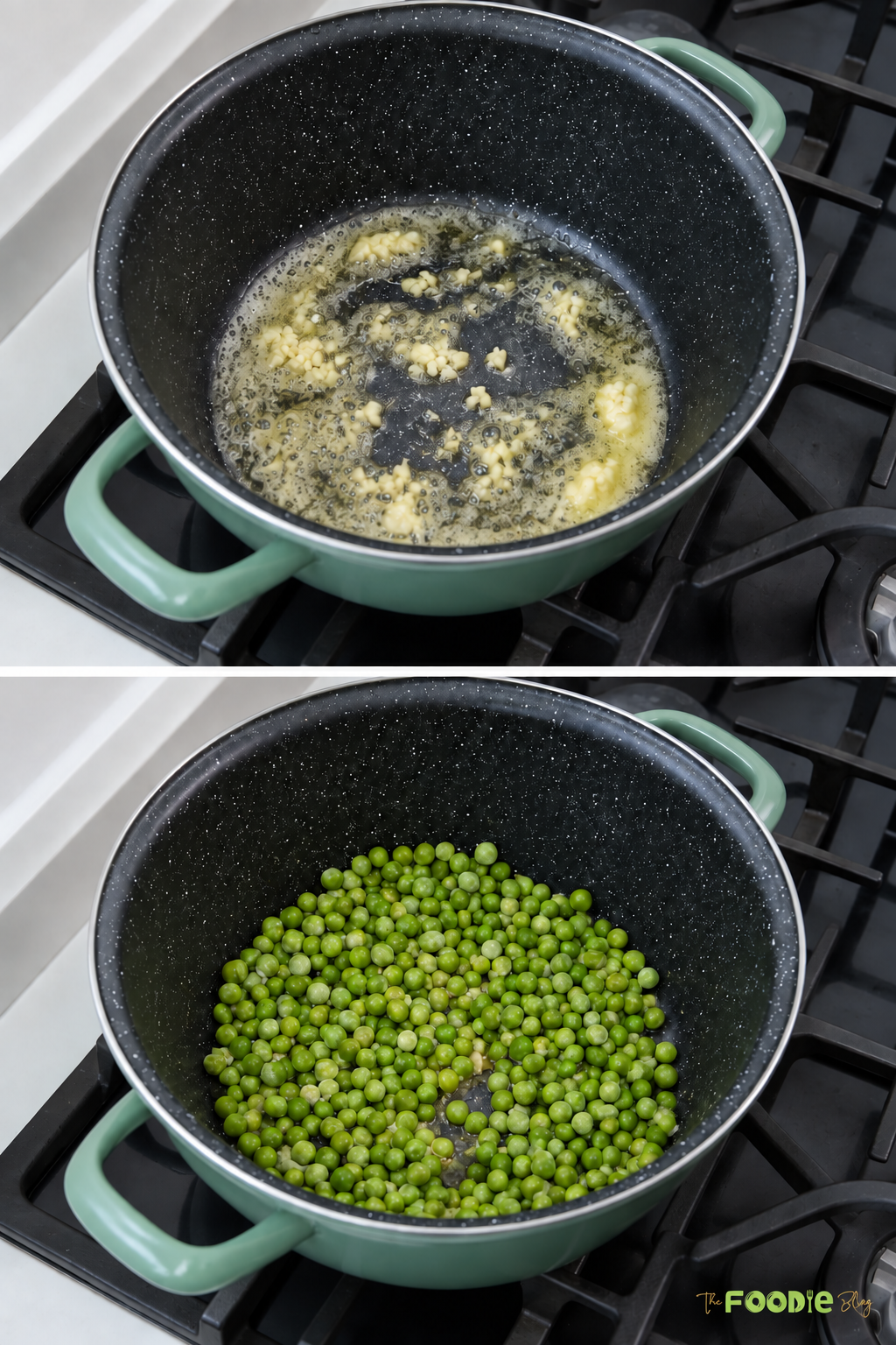 Garlic cooking in melted butter followed by green peas added to the pot