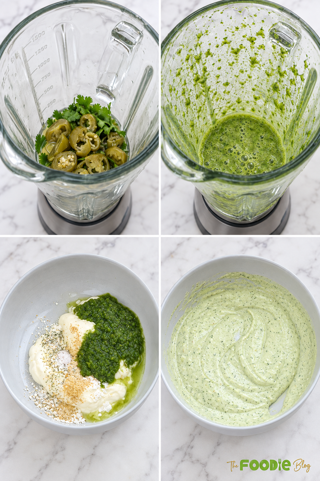 Step-by-step process for making jalapeño ranch with cilantro and jalapeños blended and mixed with creamy ingredients
