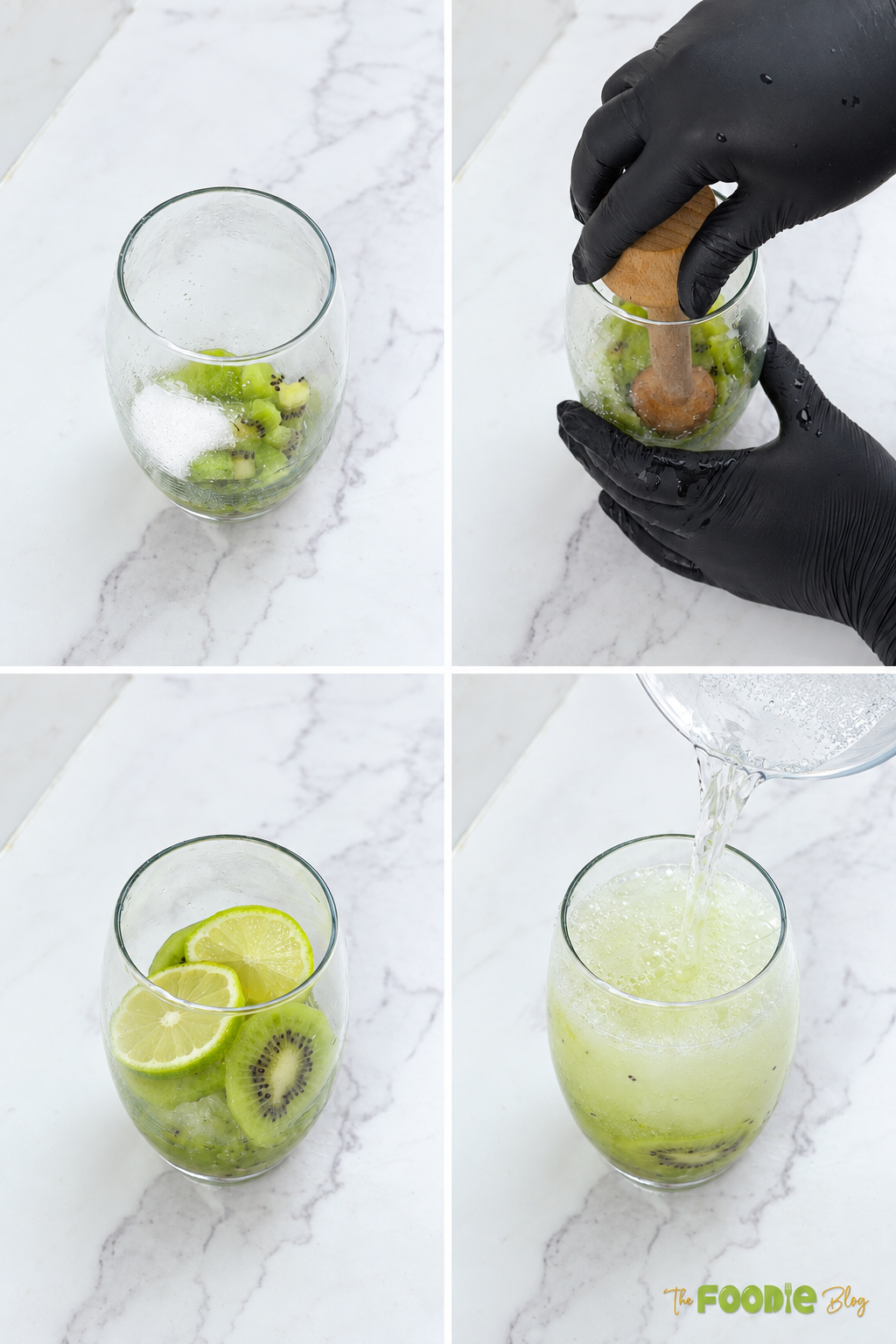 Steps for making kiwi lime drink by muddling kiwi with sugar and lime and adding Sprite