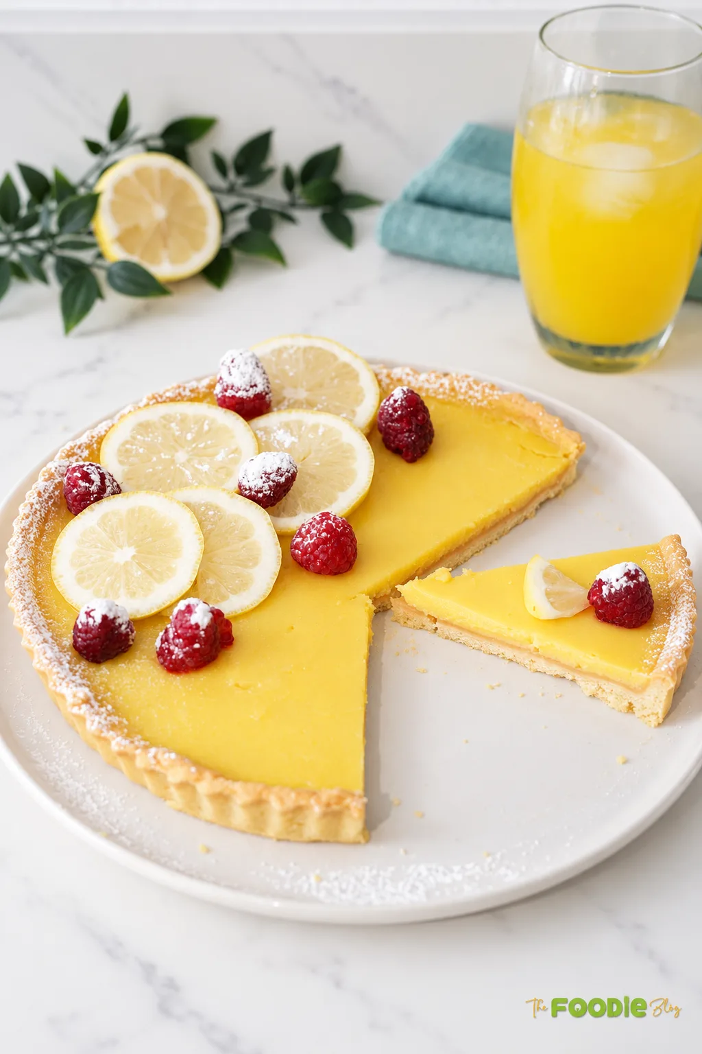 Lemon curd tart with a slice removed and served beside the tart