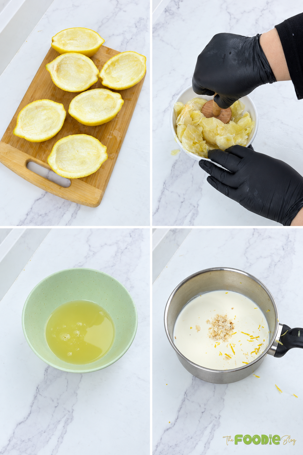 Steps for hollowing lemons and preparing the cream mixture for lemon posset