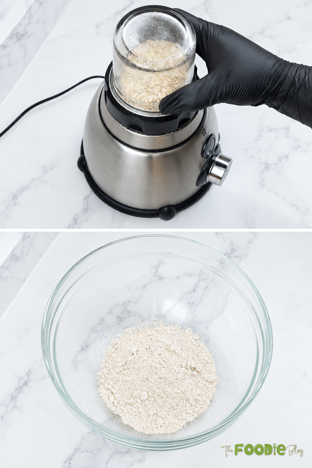 Rolled oats being blended into homemade oat flour for chocolate lava cakes