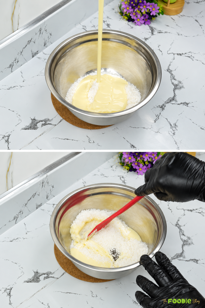 Sweetened condensed milk being mixed with desiccated coconut in a bowl