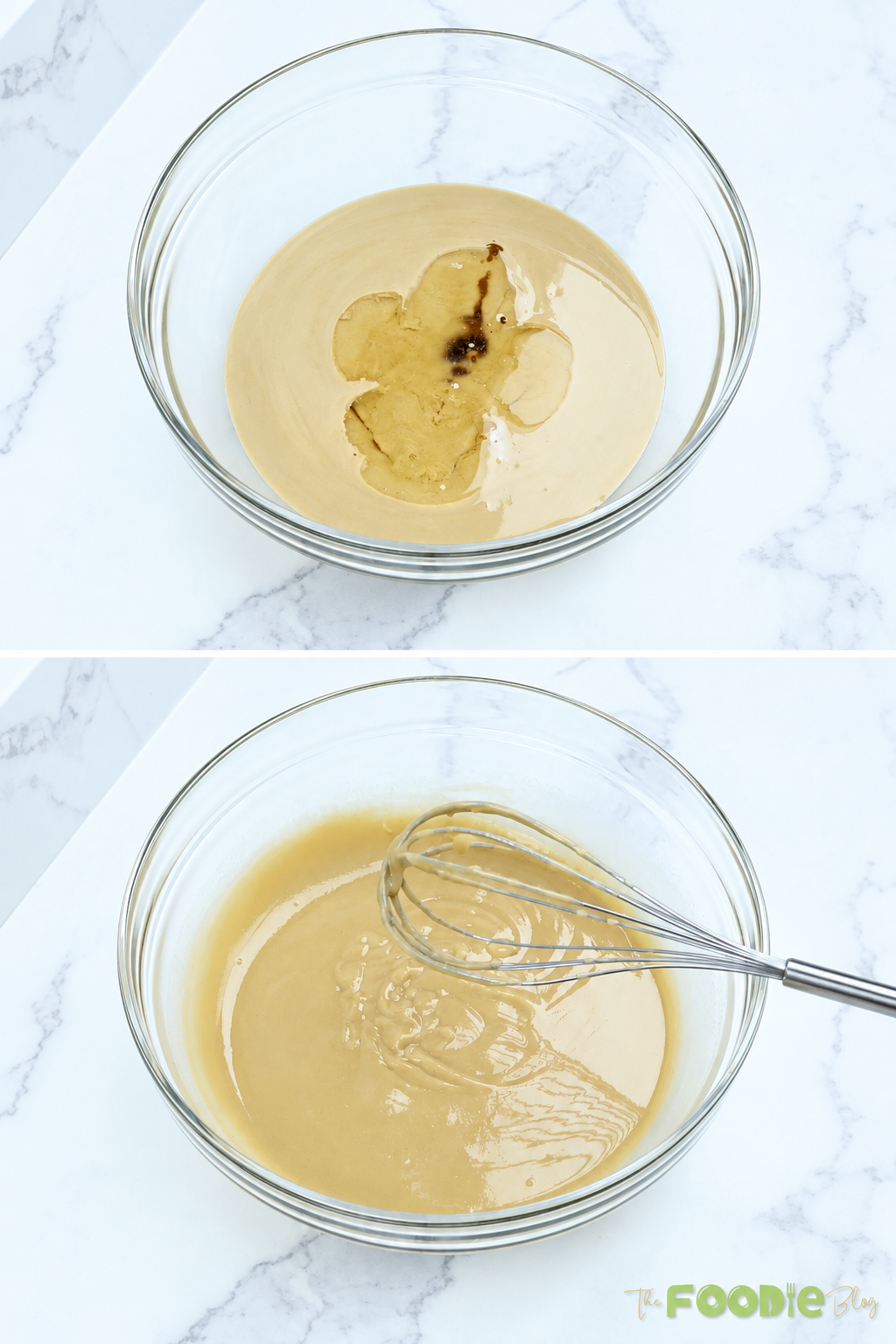 Tahini, maple syrup, coconut oil, and vanilla being whisked together in a glass bowl