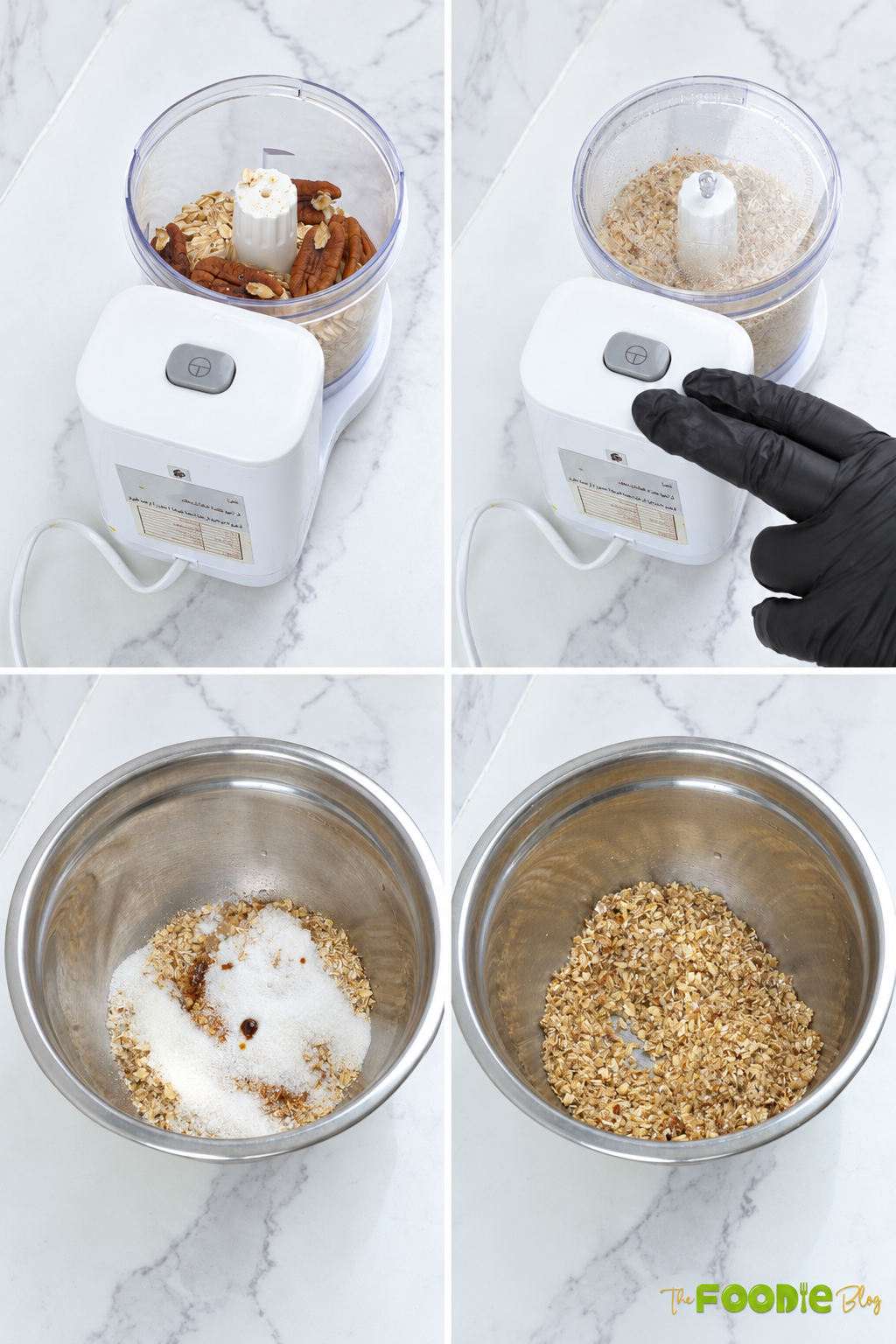 Steps for making an oat pecan crust for strawberry protein cheesecake cups