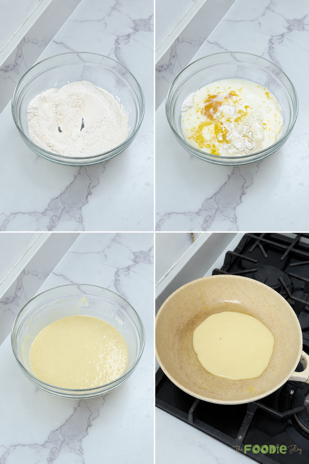 Step-by-step process for mixing protein pancake batter and pouring it into a pan