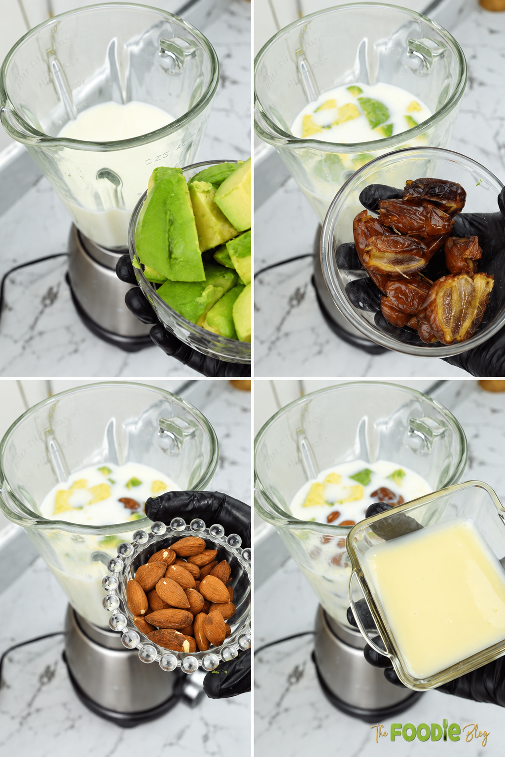 Adding avocado, dates, almonds, and milk to a blender for avocado date almond drink