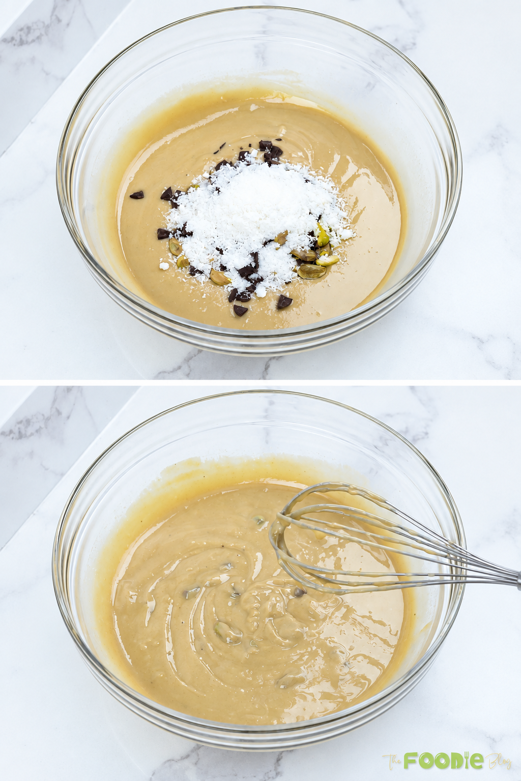 Pistachios, chocolate chips, and desiccated coconut being mixed into tahini fudge