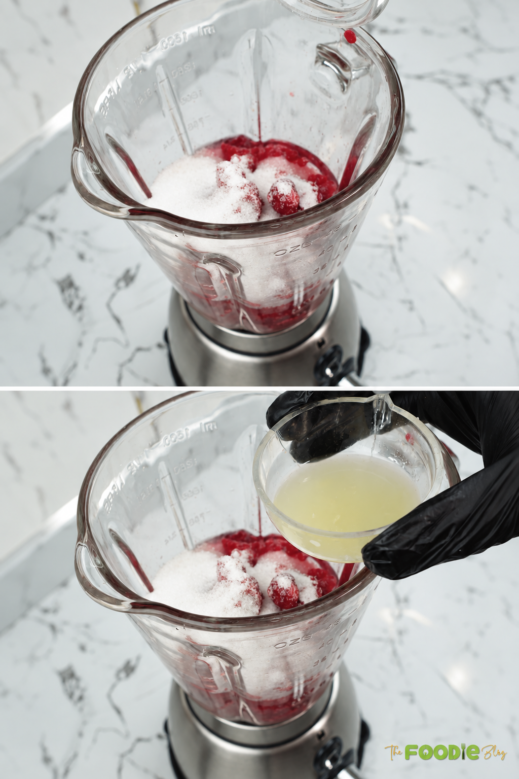 Sugar and lemon juice added to raspberries in a blender