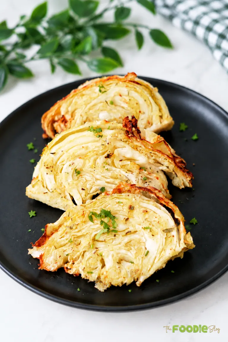 Golden air fryer cabbage wedges with garlic Parmesan seasoning